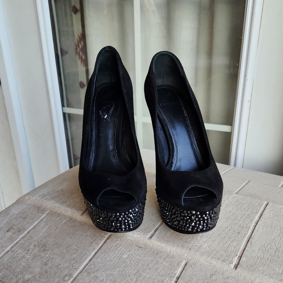 B Brian Atwood Black Suede Bea Crystal Studded Platform Pumps - Picture 3 of 9